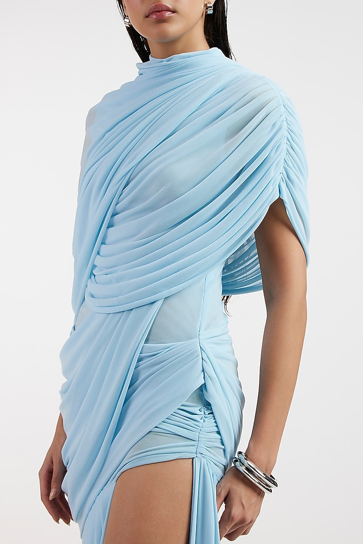 Baby Blue Malai & Net Draped Cocktail Dress by Deme by Gabriella at Pernia's Pop Up Shop