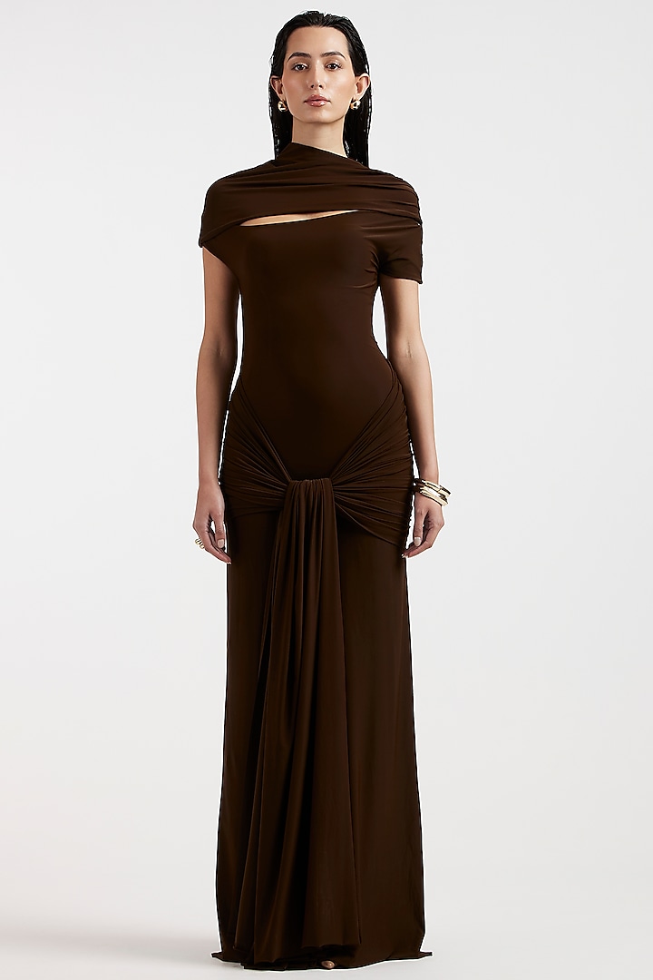 Espresso Brown Malai Draped Cocktail Dress by Deme by Gabriella at Pernia's Pop Up Shop