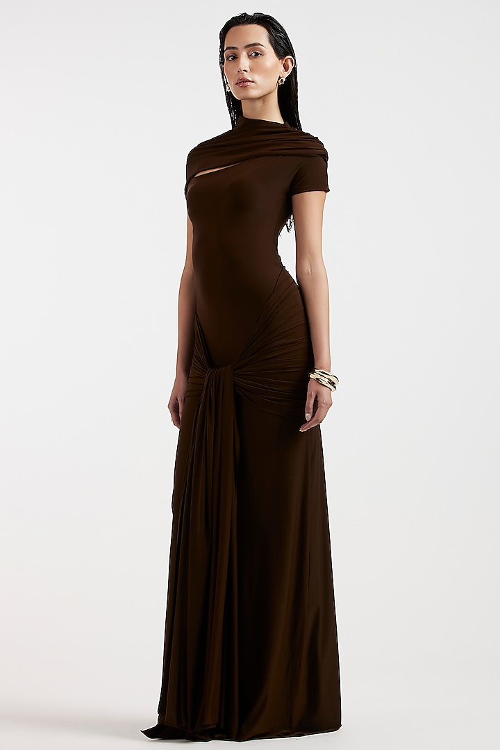 Espresso Brown Malai Draped Cocktail Dress by Deme by Gabriella at Pernia's Pop Up Shop