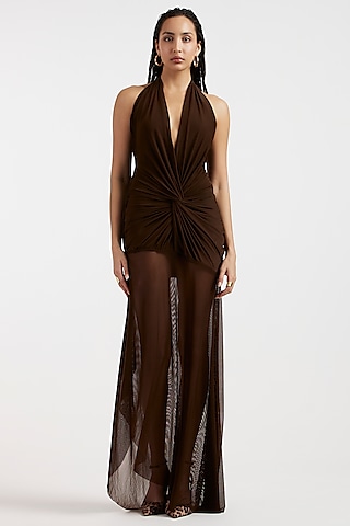 Espresso Brown Malai Lycra Twisted Draped Gown by Deme by Gabriella