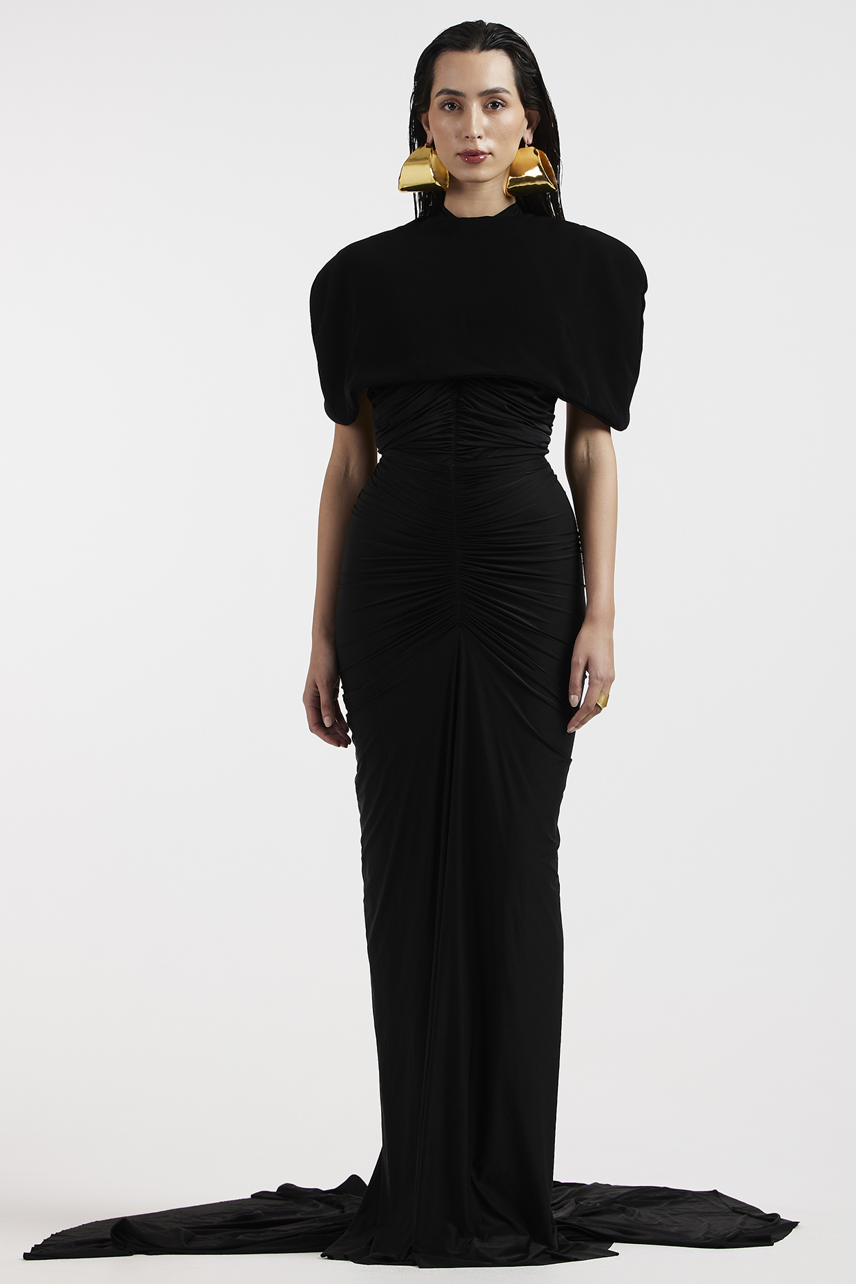 Black Malai & Ferrari Trail Hugging Gown With Cape by Deme by Gabriella at Pernia's Pop Up Shop