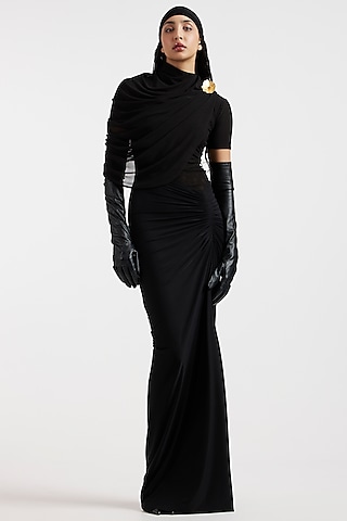 Black Malai & Net Draped Dress by Deme by Gabriella