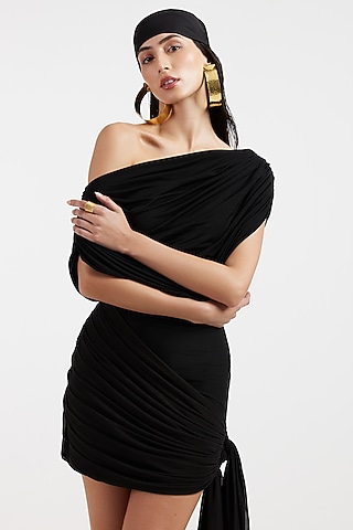 Black Malai & Net Draped Dress by Deme by Gabriella