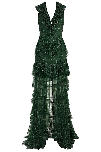 Green Embellished Ruffled Gown Design by Deme by Gabriella at Pernia's ...