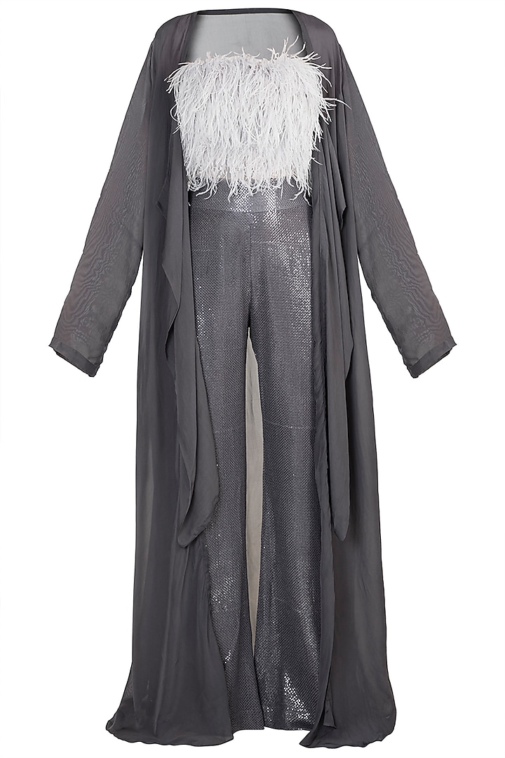 Grey Feathered Crop Top With Pants & Cape by Deme by Gabriella