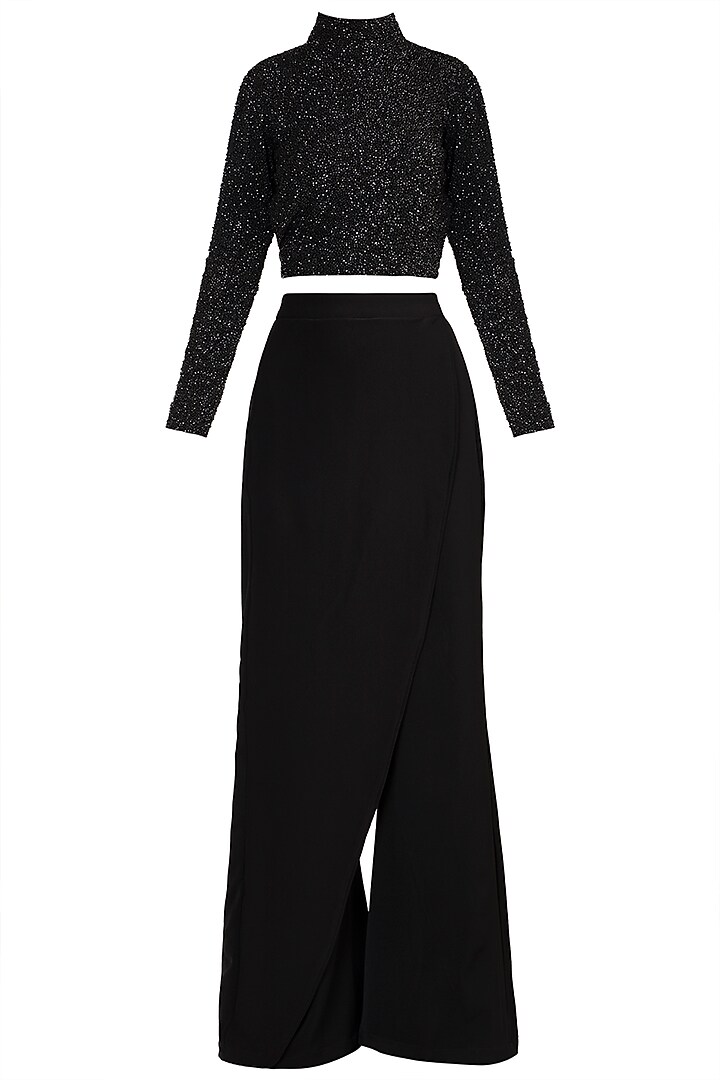 Black Beaded Top With Pants by Deme by Gabriella