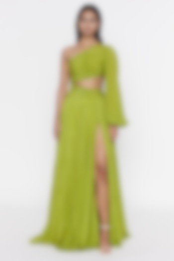 Parrot Green Crepe Gown by Deme by Gabriella