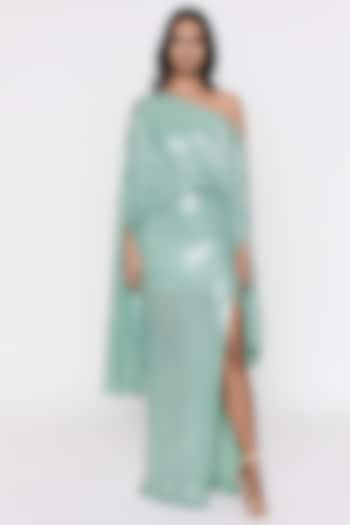 Teal Sequins One-Shoulder Gown by Deme by Gabriella