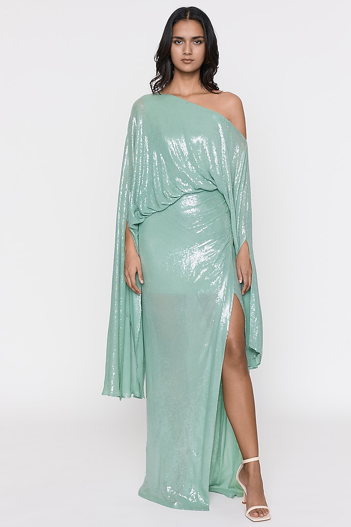 Teal Sequins One-Shoulder Gown by Deme by Gabriella