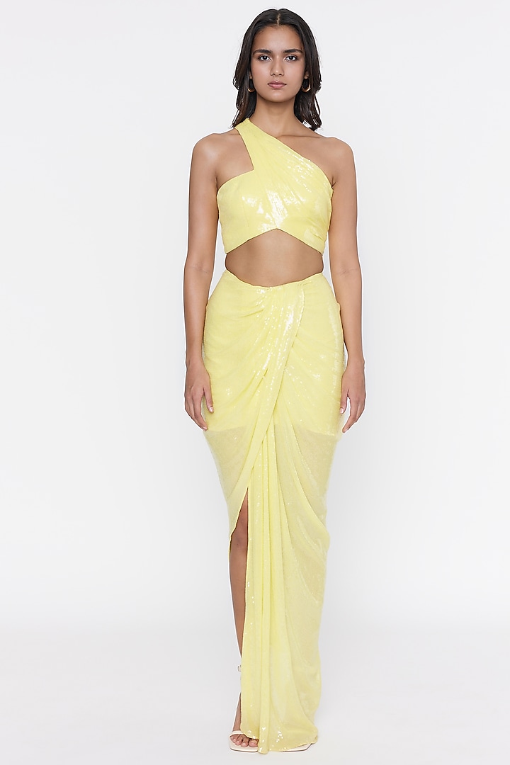 Lemon Yellow Sequins Draped Skirt Set by Deme by Gabriella