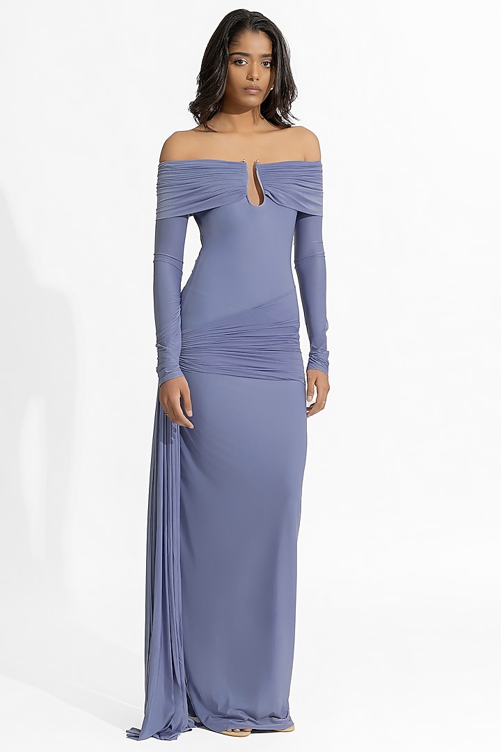 Very Peri Blue Malai Lycra Off-Shoulder Gown by Deme by Gabriella at Pernia's Pop Up Shop