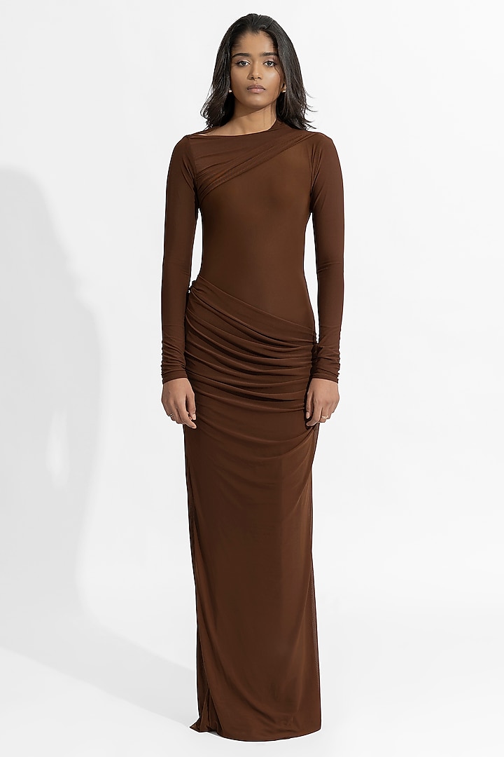 Chocolate Brown Malai Lycra & Net Gown by Deme by Gabriella at Pernia's Pop Up Shop