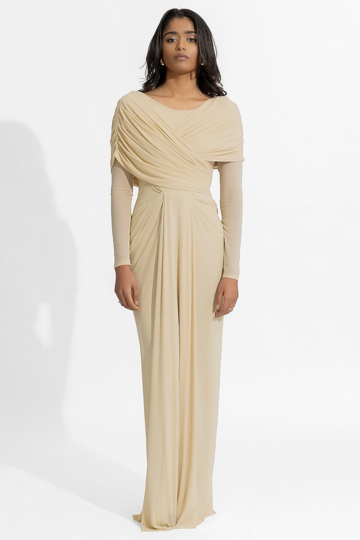 Beige Malai Lycra & Net Draped Gown by Deme by Gabriella at Pernia's Pop Up Shop