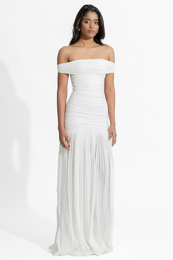 White Malai Lycra & Crepe Ruched Off-Shoulder Gown by Deme by Gabriella at Pernia's Pop Up Shop