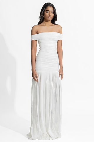 White Malai Lycra & Crepe Ruched Off-Shoulder Gown by Deme by Gabriella