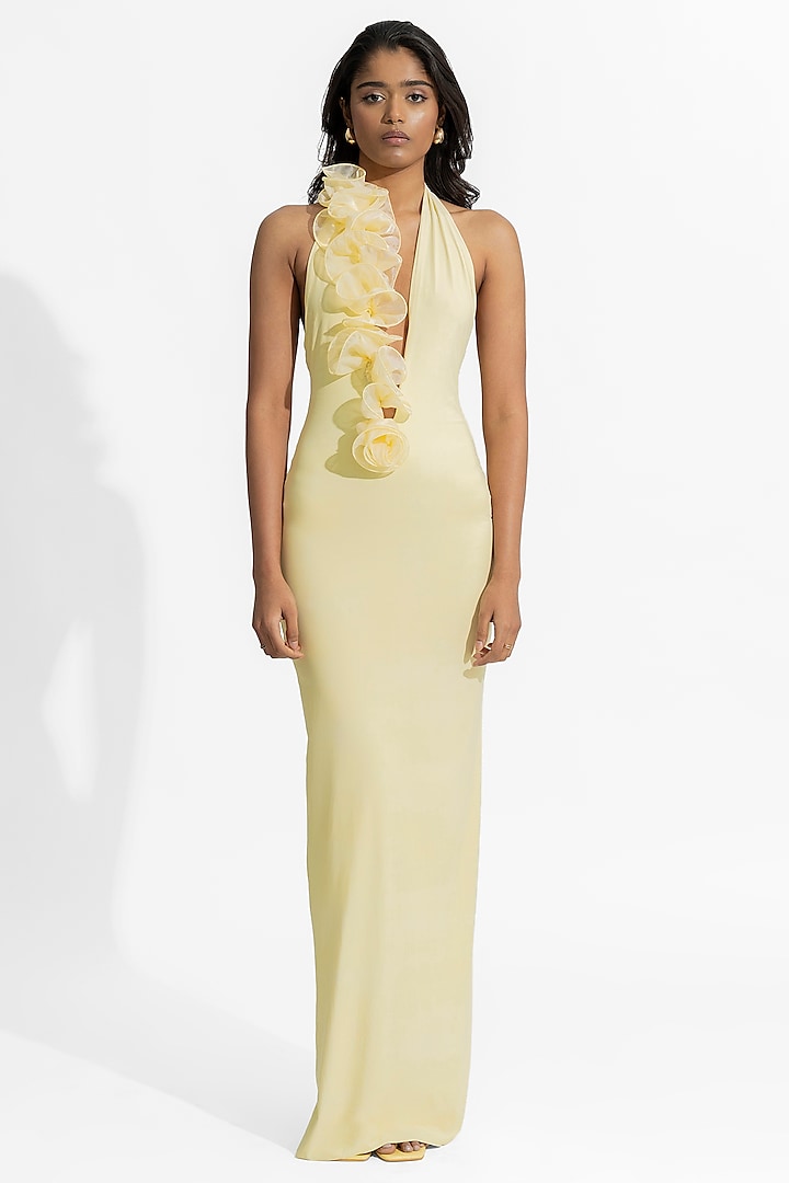 Butter Yellow Malai Lycra & Organza Gown by Deme by Gabriella at Pernia's Pop Up Shop