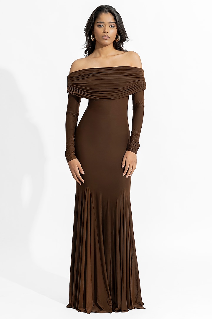 Espresso Brown Malai Lycra Off-Shoulder Gown by Deme by Gabriella at Pernia's Pop Up Shop