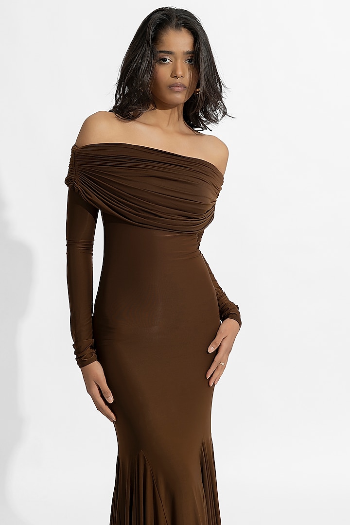Espresso Brown Malai Lycra Off-Shoulder Gown by Deme by Gabriella at  Pernia's Pop Up Shop 2026