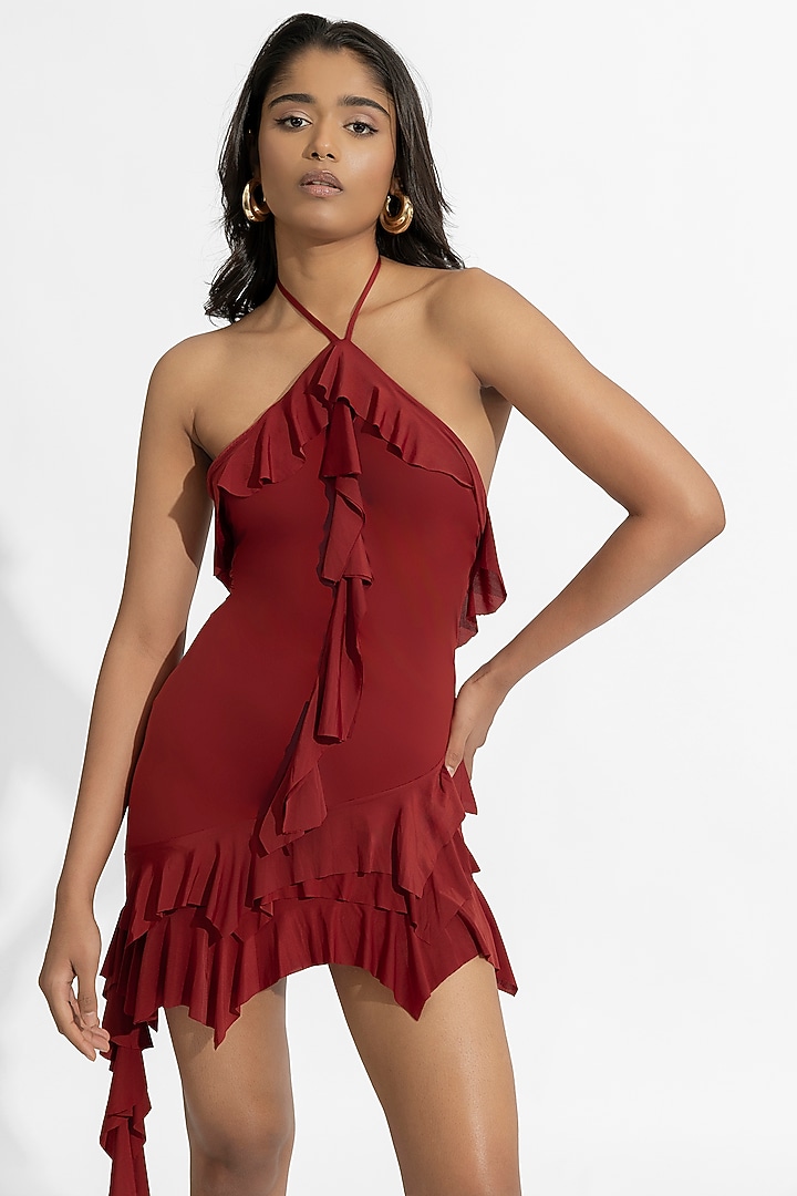 Maroon Malai Lycra Ruffled Mini Vacation Dress by Deme by Gabriella at Pernia's Pop Up Shop
