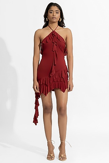 Maroon Malai Lycra Ruffled Mini Vacation Dress by Deme by Gabriella at Pernia's Pop Up Shop