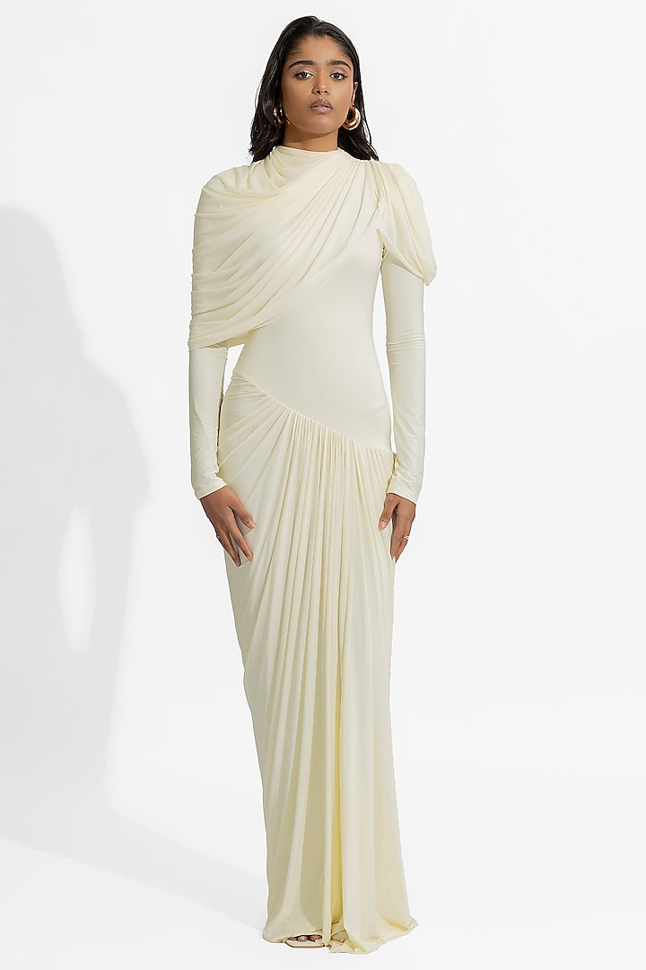 Off-White Malai Lycra & Net Draped Gown by Deme by Gabriella at Pernia's Pop Up Shop