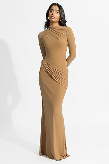 Tan Malai Lycra & Net Ruched Engagement Gown by Deme by Gabriella at Pernia's Pop Up Shop