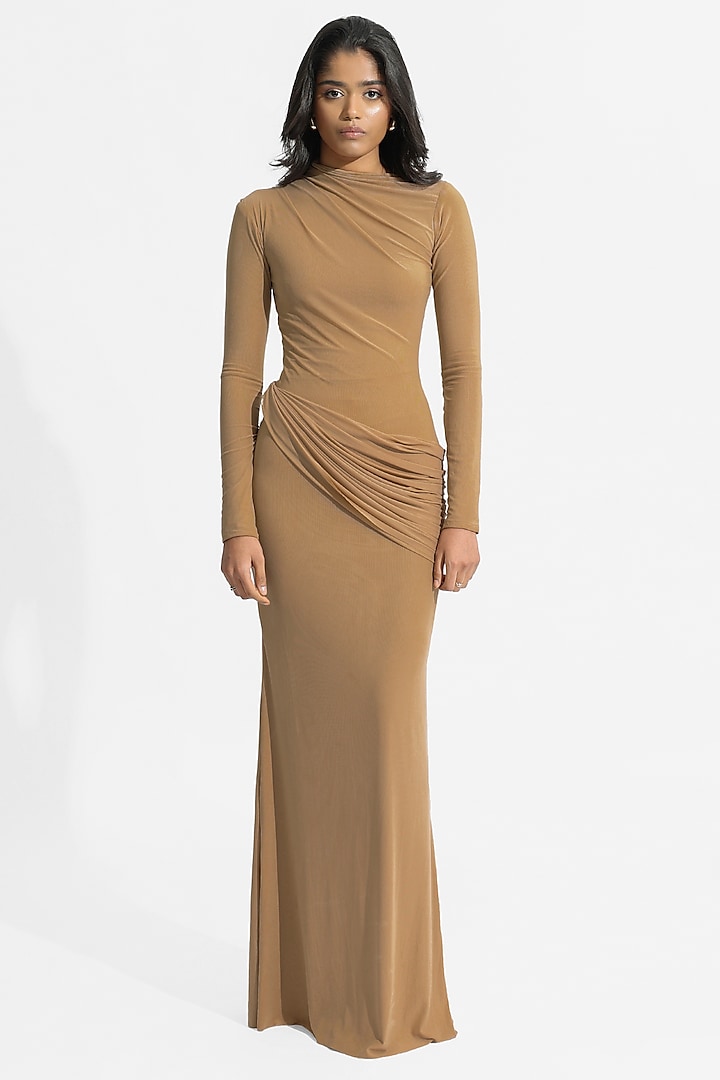 Tan Malai Lycra & Net Ruched Engagement Gown by Deme by Gabriella at Pernia's Pop Up Shop
