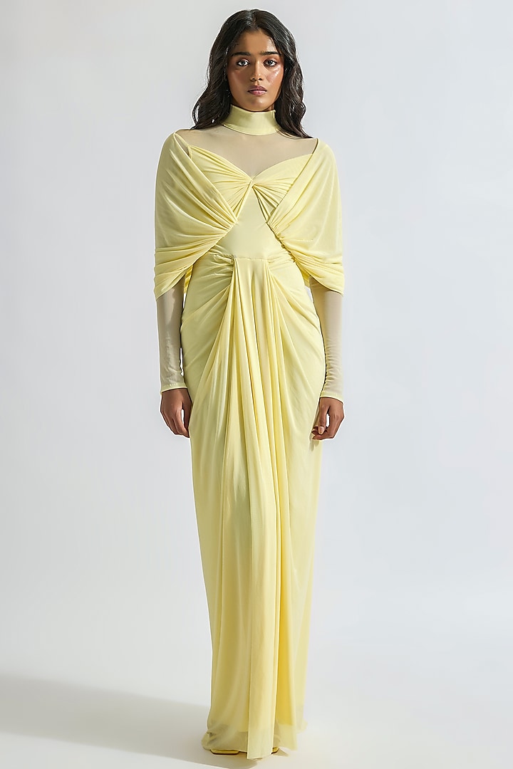 Butter Yellow Malai Lycra & Net Draped Dress by Deme by Gabriella