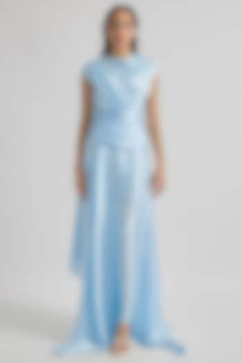 Baby Blue Satin Draped Dress by Deme by Gabriella