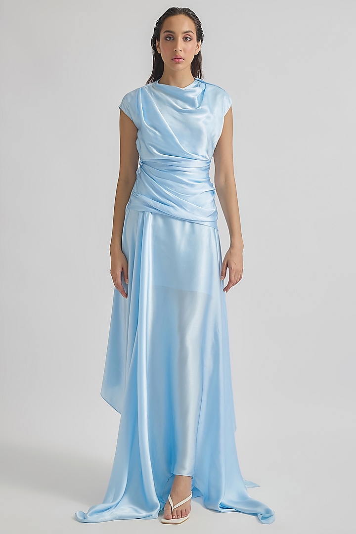 Baby Blue Satin Draped Dress by Deme by Gabriella