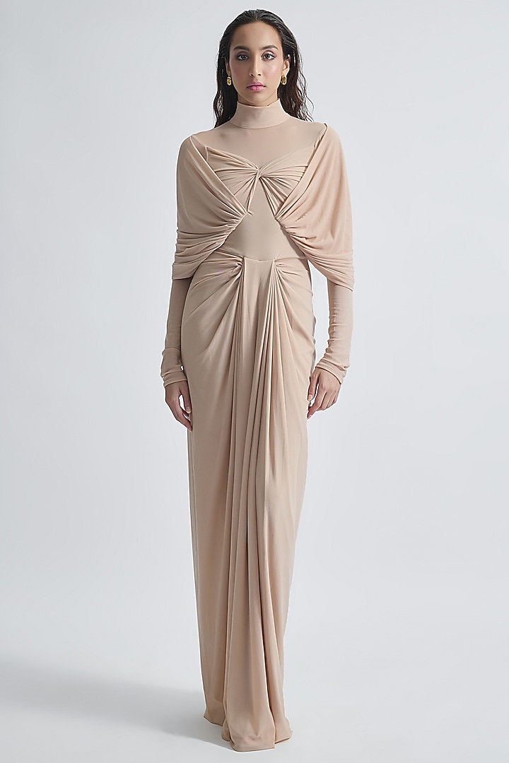 Chalk Beige Malai Lycra & Net Draped Dress by Deme by Gabriella