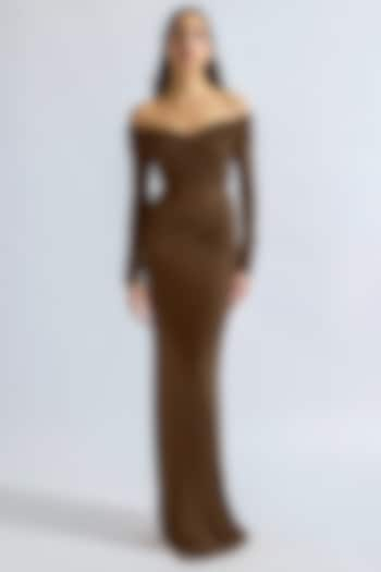 Brown Malai Lycra Off-Shoulder Draped Gown by Deme by Gabriella at Pernia's Pop Up Shop