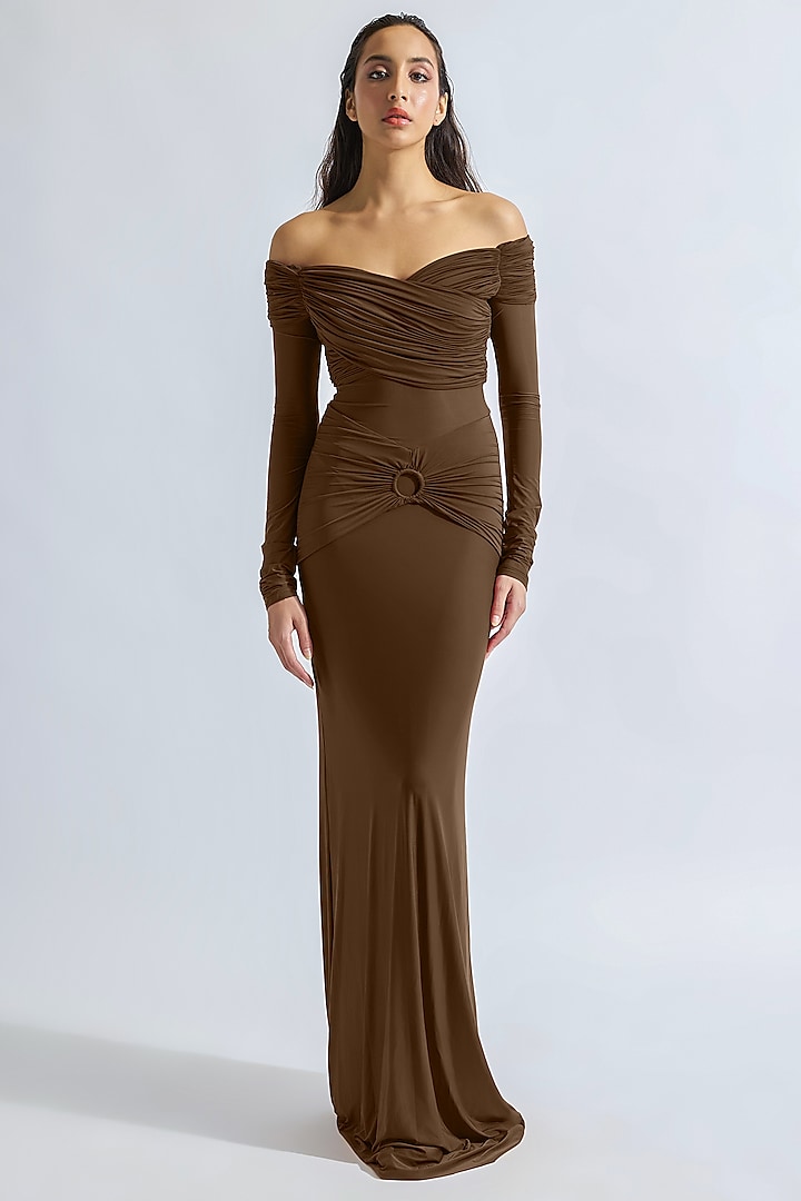 Brown Malai Lycra Off-Shoulder Draped Gown by Deme by Gabriella at Pernia's Pop Up Shop