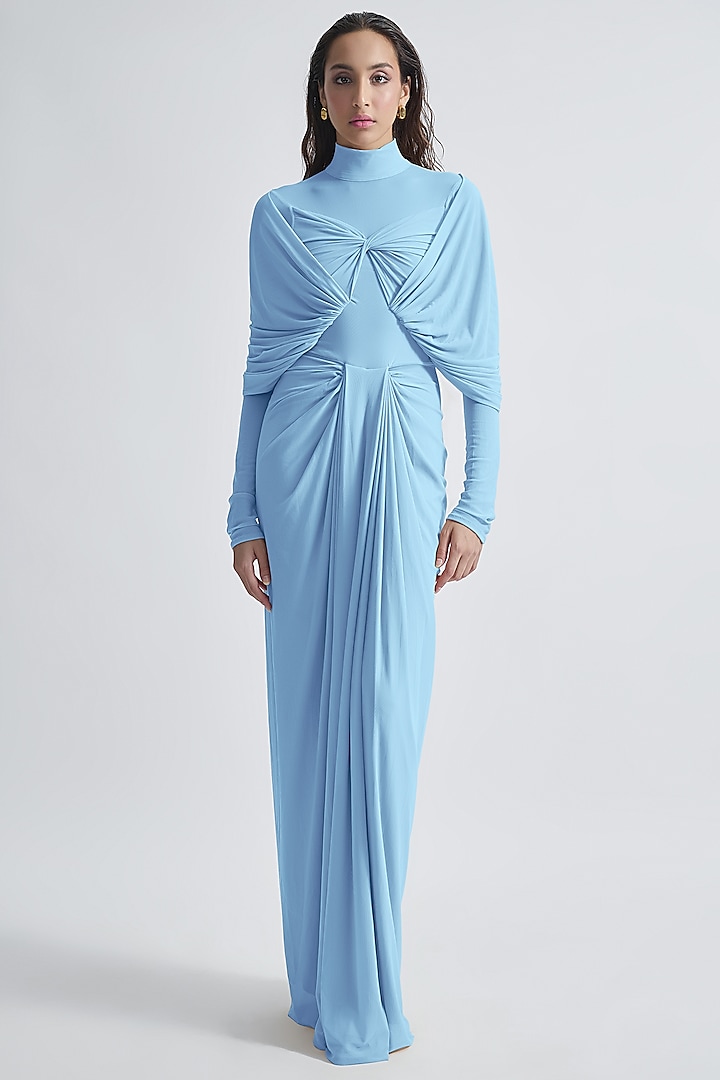 Baby Blue Malai Lycra & Net Draped Dress by Deme by Gabriella