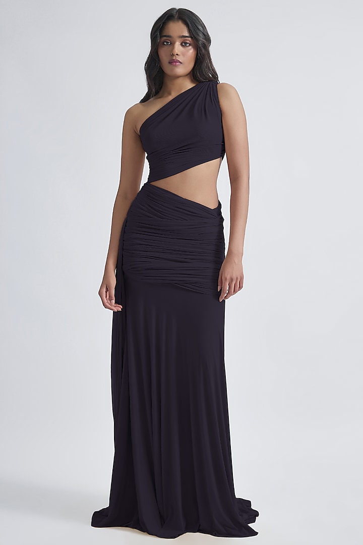 Dark Grey Malai Lycra & Net One-Shoulder Draped Gown by Deme by Gabriella at Pernia's Pop Up Shop