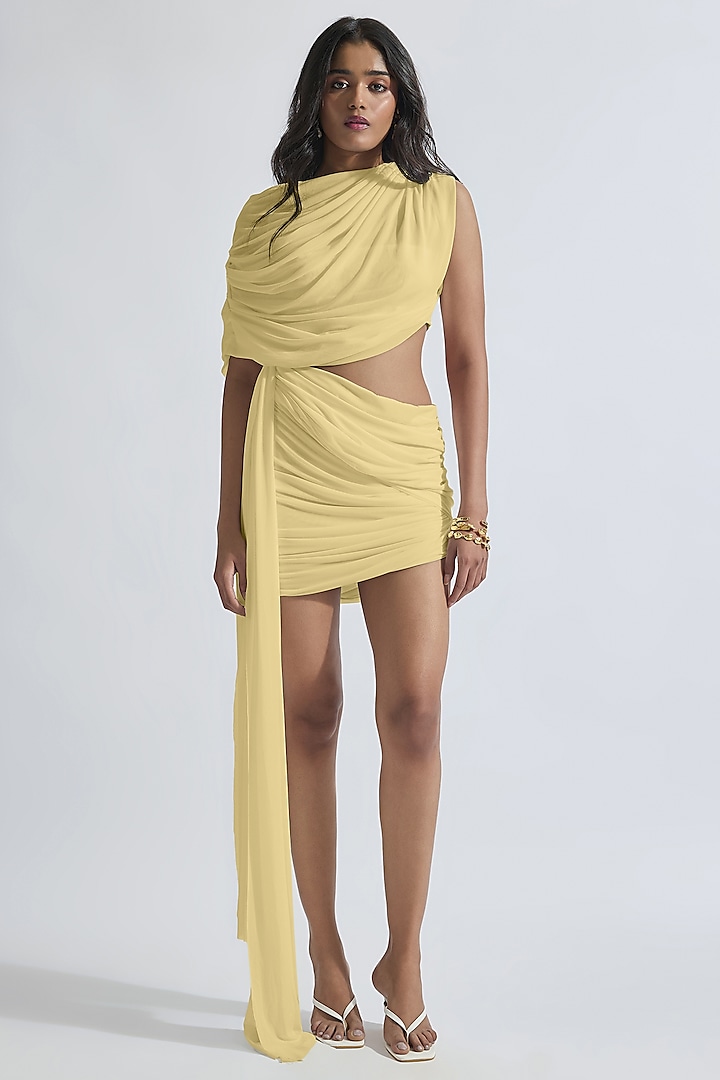 Yellow Malai Lycra & Net Draped Mini Dress by Deme by Gabriella