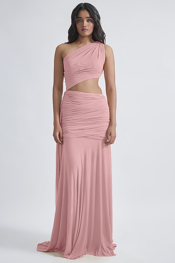 Pink Malai Lycra & Net One-Shoulder Draped Gown by Deme by Gabriella at Pernia's Pop Up Shop