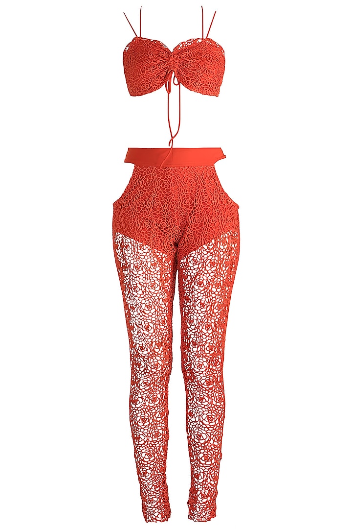 Orange Crochet Crop Top With Pants by Deme by Gabriella