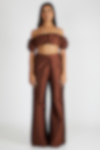 Brown Off Shoulder Gathered Crop Top by Deme By Gabriella at Pernia's Pop Up Shop