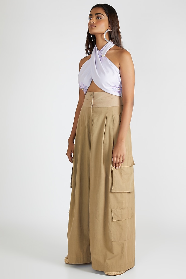 Beige High Waisted Palazzo Pants by Deme By Gabriella