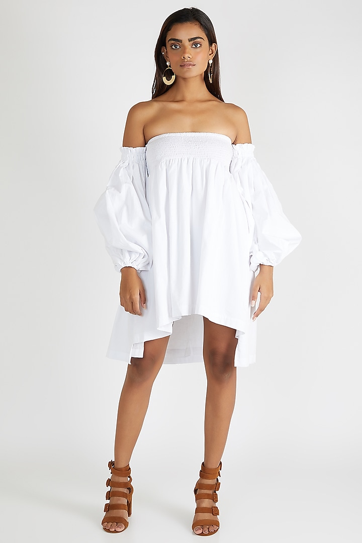 White Off Shoulder Mini Dress by Deme By Gabriella