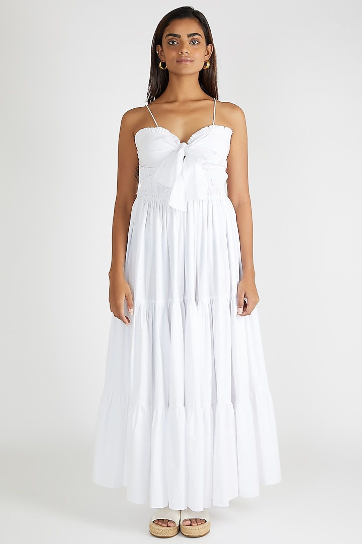 White Tiered Maxi Dress With Tie-Up by Deme By Gabriella