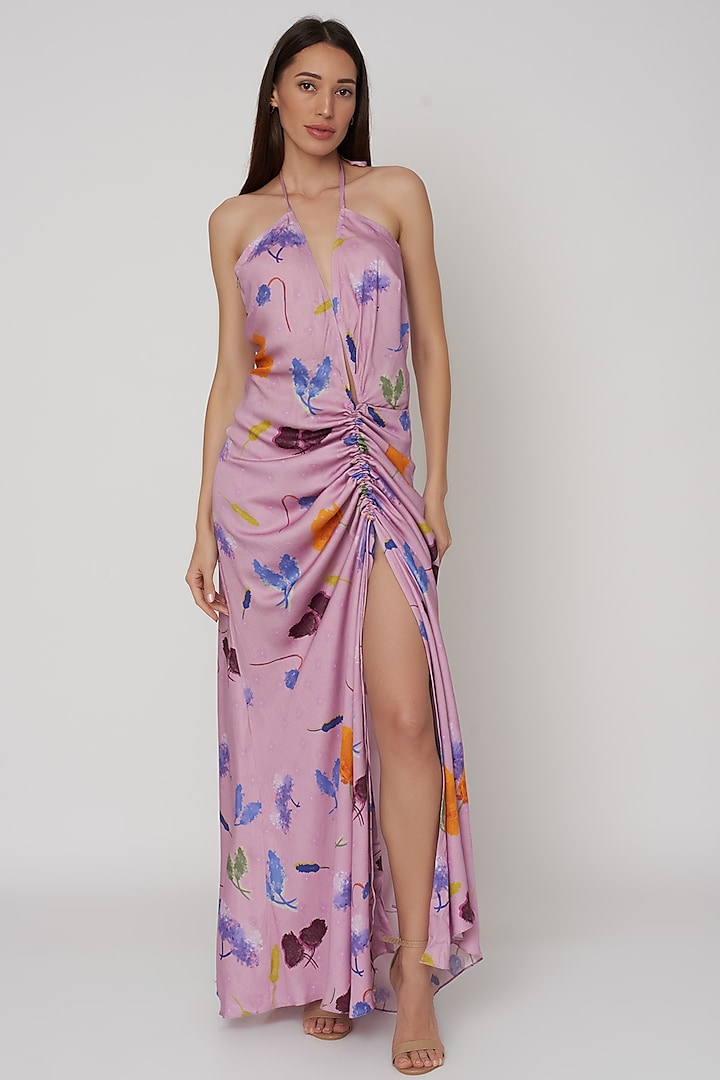 Lilac Printed Cutout Dress In Satin by Deme by Gabriella