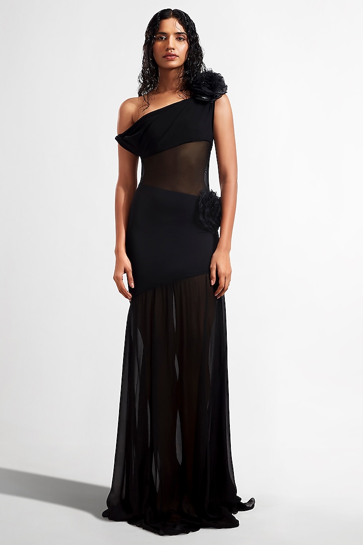 Black Malai Lycra One-Shoulder Floral Gown Design by Deme by Gabriella ...