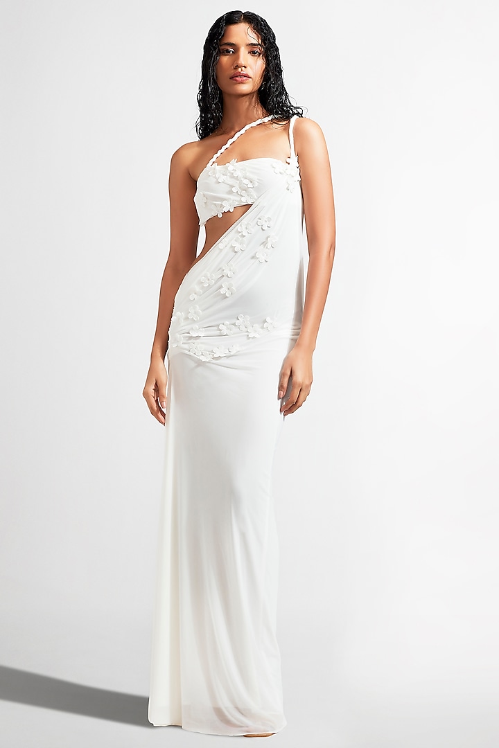 White One-Shoulder Draped Gown by Deme by Gabriella