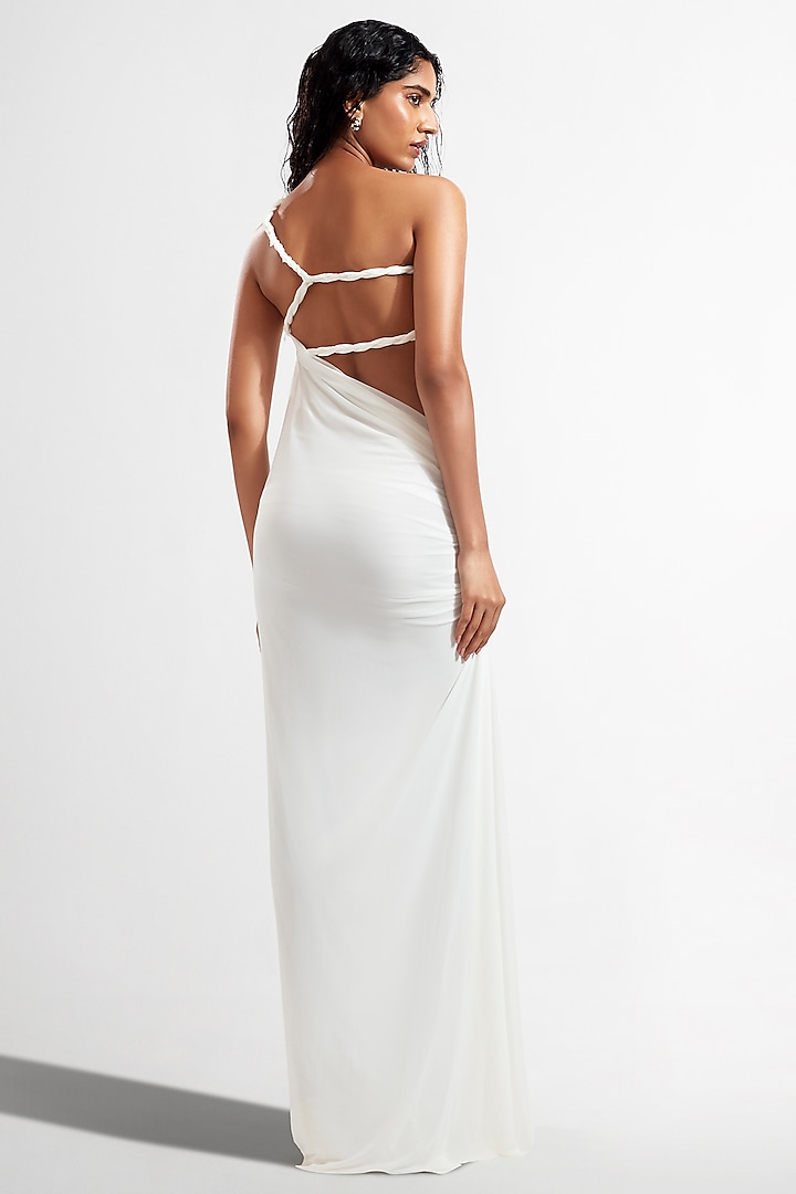 White One-Shoulder Draped Party Wear Gown by Deme by Gabriella at Pernia's Pop Up Shop