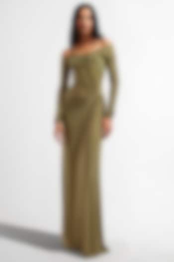 Sage Green Off-Shoulder Draped Gown by Deme by Gabriella