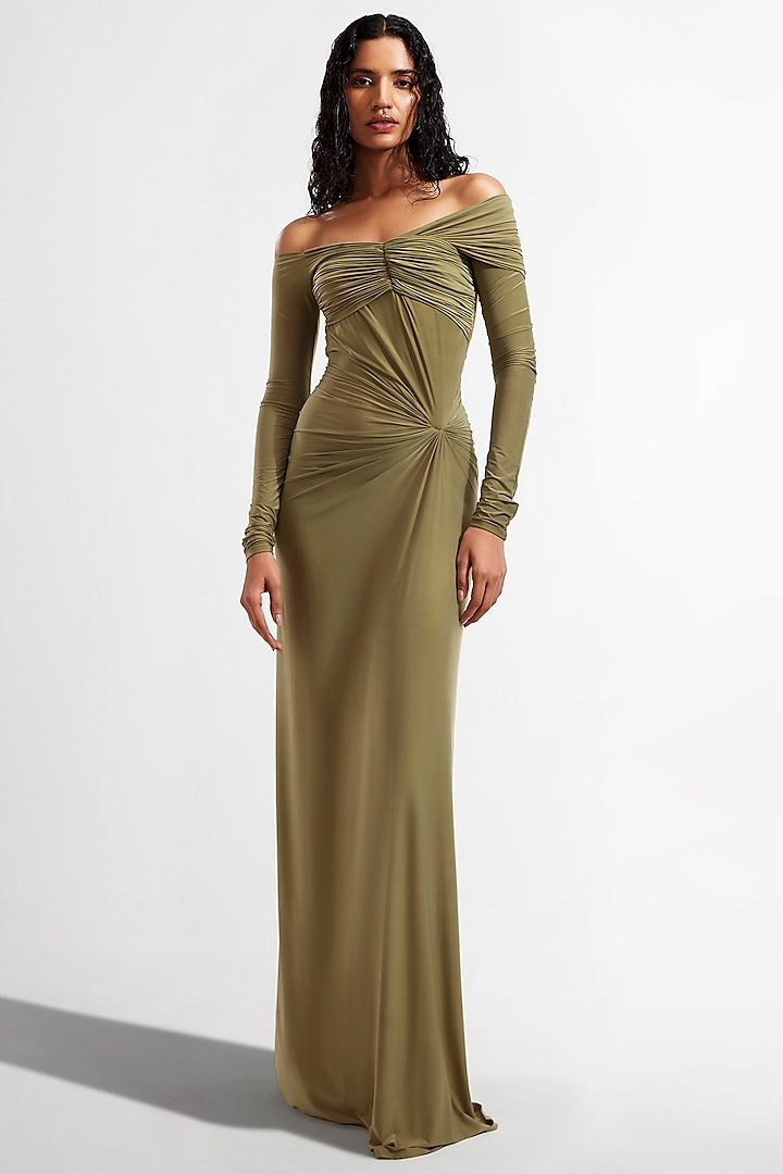 Sage Green Off-Shoulder Draped Gown by Deme by Gabriella