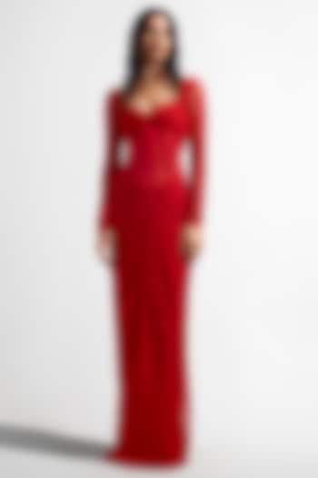 Red Malai Lycra Corset Draped Gown by Deme by Gabriella