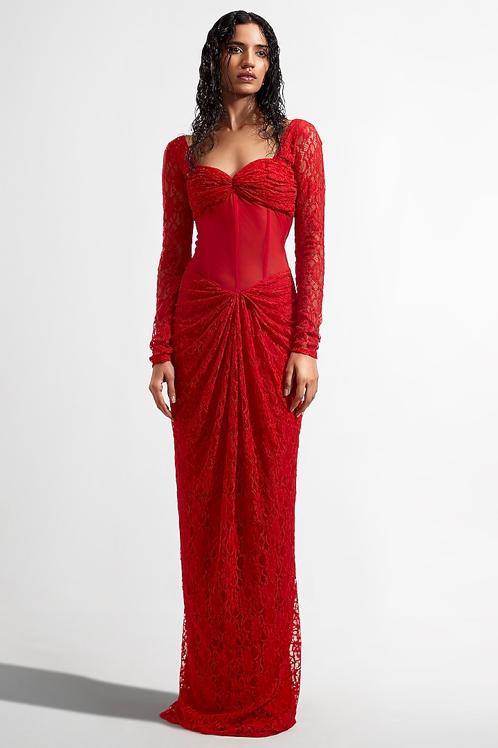 Red Malai Lycra Corset Draped Gown by Deme by Gabriella